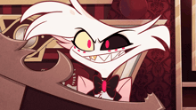 a cartoon character with red eyes and white wings