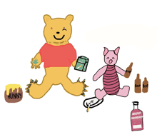 a cartoon of winnie the pooh and piglet with a bottle of absolut raspberry vodka