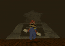 a cartoon character named mario is standing in a dark room