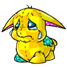 a cartoon drawing of a yellow bunny with stitches on it