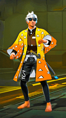 a man wearing a yellow kimono with triangles on it is holding a sword