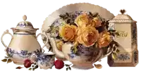 a painting of a tea set with roses and a tea container