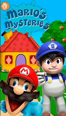 a poster for mario 's mysteries shows a house and two cartoon characters