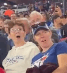 a woman in a blue jays shirt is sitting in a crowd of people .