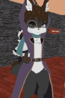 a furry character with glasses and a purple hood is standing in front of a sign that says " hippo "