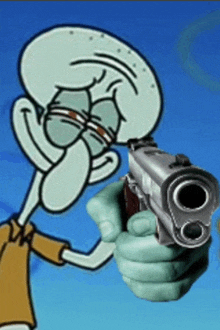 squidward from spongebob is pointing a gun