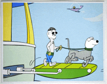 a cartoon of a man walking a dog on a leash on a boat