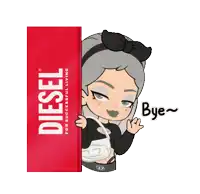a girl is standing in front of a red diesel sign