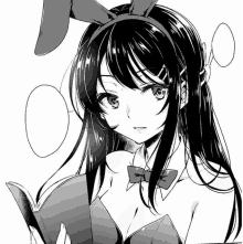 a black and white drawing of a girl with long hair and bunny ears