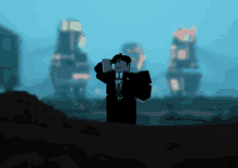 a man in a suit and tie stands in front of a blurred city