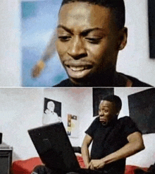 a man is sitting on a couch looking at a laptop computer .