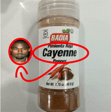 a bottle of badia cayenne pepper with a picture of kanye west on the label