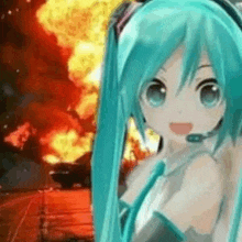 hatsune miku is standing in front of a fire and looking at the camera .