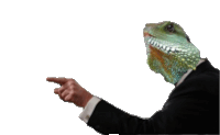 a man in a suit has a lizard on his head and is pointing