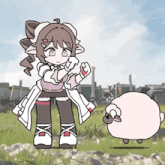 a cartoon of a girl standing next to a sheep in a field