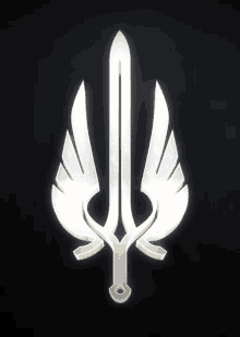 a white symbol with wings and a sword on a dark background