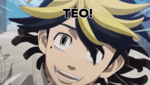 a close up of a person 's face with the words teo written above it .