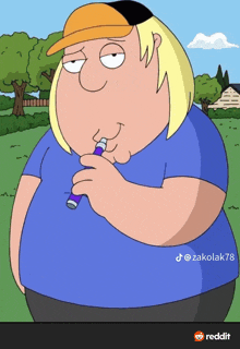 a cartoon character is smoking an electronic cigarette and has a reddit logo on the bottom right