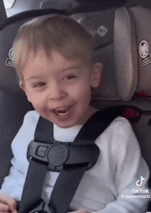 a young boy is sitting in a car seat and smiling for the camera .