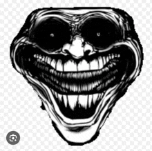 a black and white drawing of a troll face with big teeth and a huge smile .