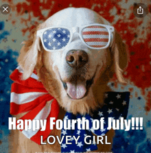 a picture of a dog wearing sunglasses and a scarf that says happy fourth of july lovey girl