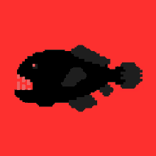 a pixel art of a black fish with sharp teeth on a red background