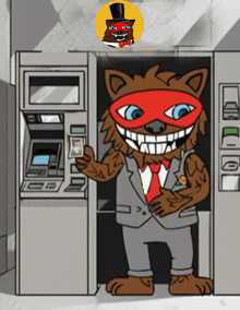 a cartoon of a werewolf wearing a top hat and a mask standing in front of an atm machine