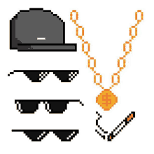 a pixel art illustration of a hat , sunglasses , a necklace , a cigarette and a dollar sign .