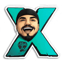 a sticker of a man with a beard and a beanie with the letter x in the background