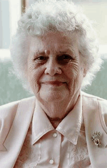 an elderly woman wearing a pink jacket and a brooch is smiling .