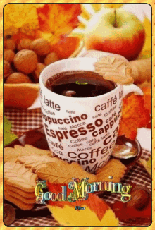 a picture of a cup of coffee with the words good morning on the bottom