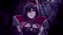 a black haired anime girl with a red cape