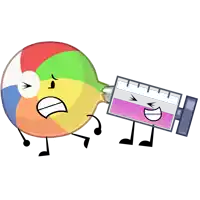 a cartoon drawing of a beach ball and a syringe with a pink liquid in it