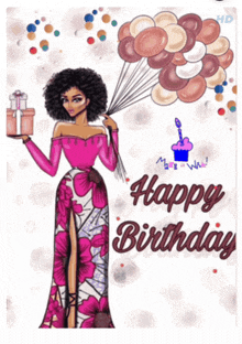 a birthday card with a woman in a pink dress holding balloons and a gift box