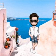 a cartoon of a man wearing sunglasses standing on a narrow street