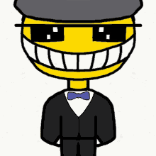 a yellow smiley face wearing sunglasses and a tuxedo with a blue bow tie