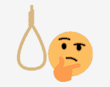 a smiley face with a hand on its chin and a hangman 's noose in the background