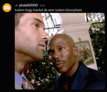 two men are looking at each other with a discord logo on the bottom right