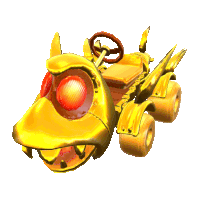 a yellow toy car with a steering wheel and red eyes