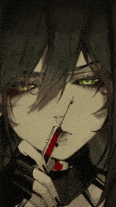 a girl with green eyes is holding a syringe