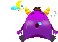 a purple monster with horns is sleeping with a crescent moon behind it