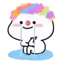 a cartoon clown with a rainbow hairdo is crying in a puddle .