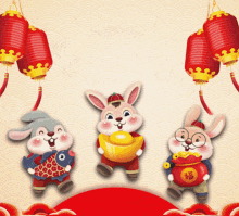 three rabbits are standing next to each other with lanterns in the background and one is holding a gold ingot