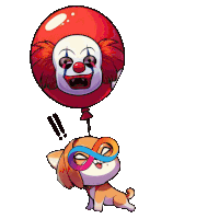 a cartoon of a dog holding a red balloon with a clown on it