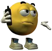 a cartoon smiley face is holding a cell phone