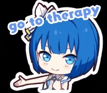 a sticker of a blue haired anime girl with the words `` go to therapy '' written on it .