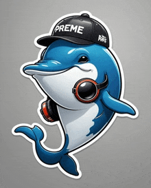 a dolphin wearing headphones and a hat that says " prime " on it