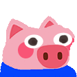 a pink pig with big eyes and a blue scarf around its neck is wearing a blue scarf .