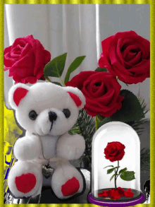 a teddy bear is surrounded by red roses and a rose in a dome