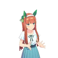 a girl with long red hair and green ears has her hands folded